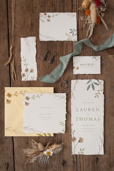 Free Flat Lay Of Paper Mock-Up Rustic Wedding Invitation With