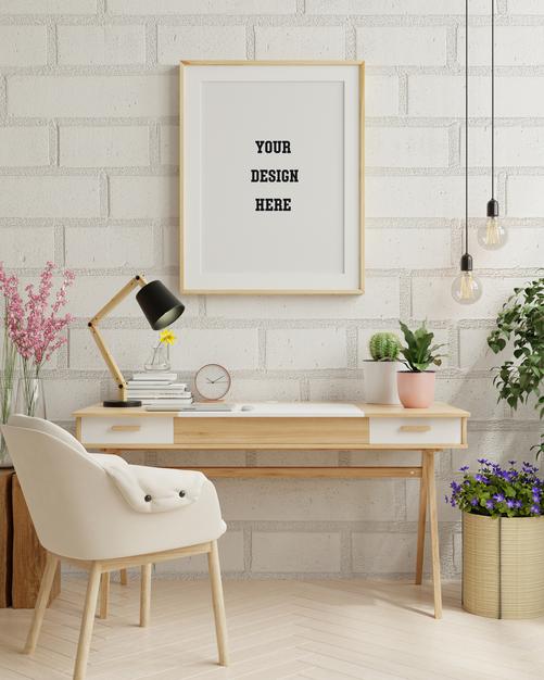 Free Frame Mockup In Home Work Room ,Minimalist Workspace Design.3D Rendering Psd