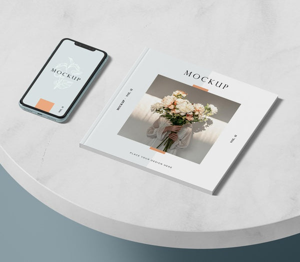 Free High View Phone And Editorial Magazine Mock-Up Psd