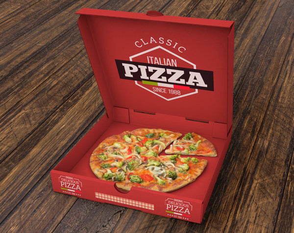 open pizza box with pizza