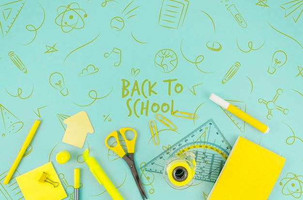 Free Top View Back To School With Yellow Supplies Psd – DreamBundles