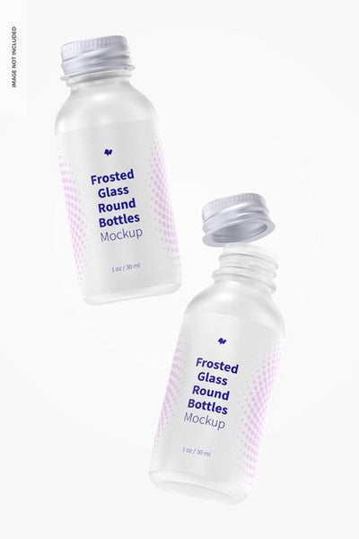 Free 1 Oz Frosted Glass Round Bottles Mockup, Falling Psd