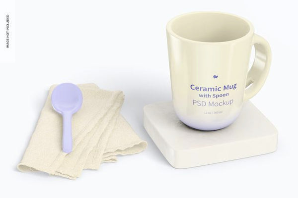 Free 12 Oz Ceramic Mug With Spoon Mockup Psd