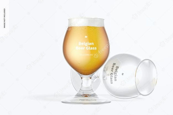 Free 13 Oz Belgian Beer Glass Mockup, Standing And Dropped Psd