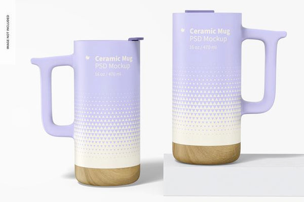 Free 16 Oz Ceramic Mugs With Wood Base Mockup Psd