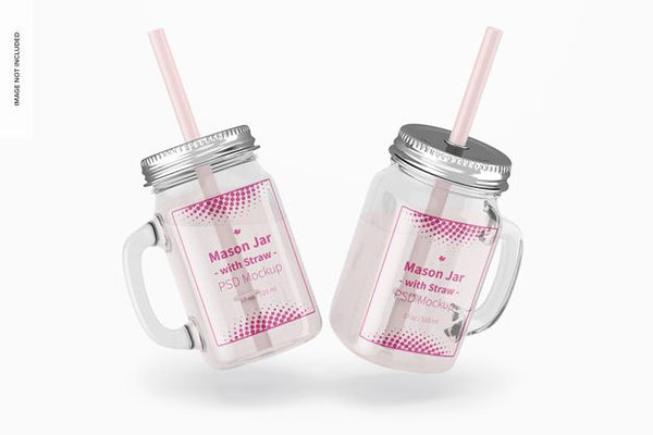 Free 17 Oz Mason Jars With Straw Mockup, Falling Psd