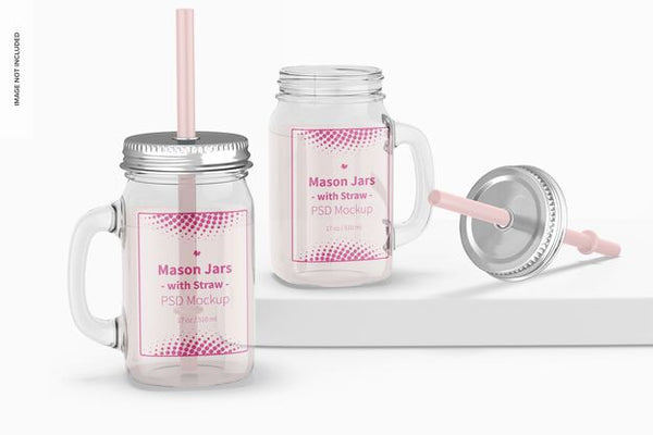 Free 17 Oz Mason Jars With Straw Mockup Psd