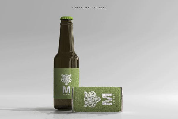 Free 180Ml Mini Soda Or Beer Can And Bottle With Water Drops Mockups Psd