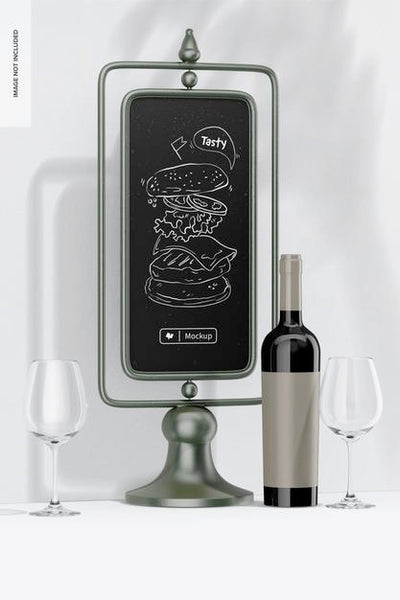 Free 2 Sided Chalkboard On Stand With Wine Mockup Psd