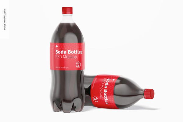 Free 2L Soda Bottles Mockup, Standing And Dropped Psd