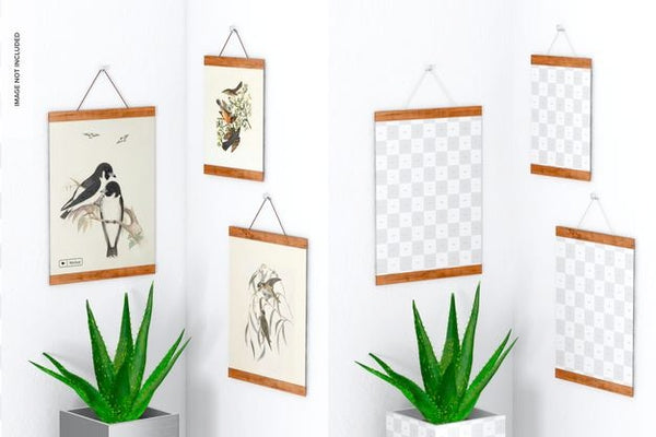 Free 3:4 Wooden Frame Poster Hanger Set Mockup, Perspective Psd