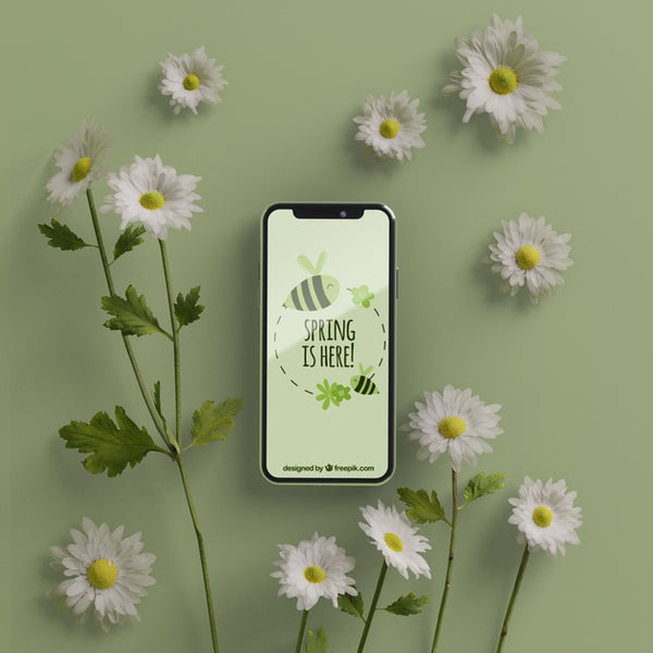 Free 3D Flowers Around Mobile On Table Psd