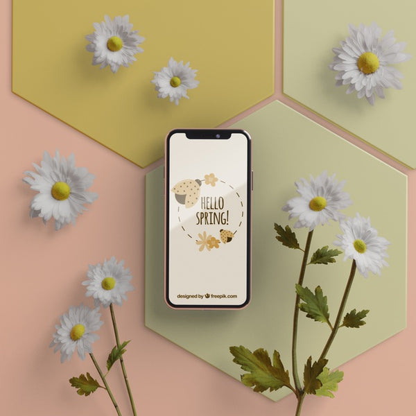 Free 3D Flowers With Mobile On Table Psd