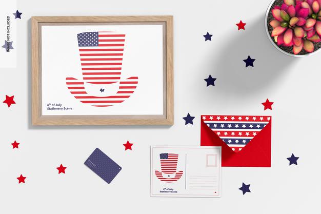 Free 4Th Of July Celebration Stationery Scene Mockup, Top View Psd ...