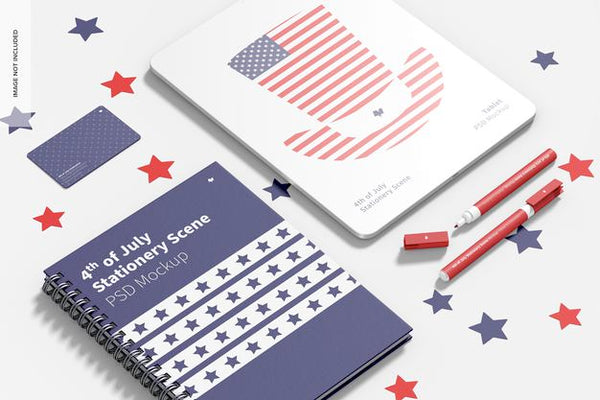 Free 4Th Of July Stationery Scene Mockup, Perspective Psd