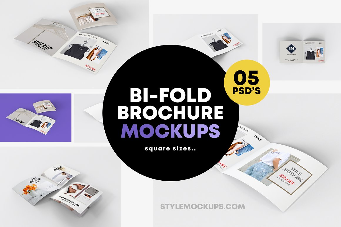 Free 5 Bi-Fold Brochure Square Mockups – DreamBundles