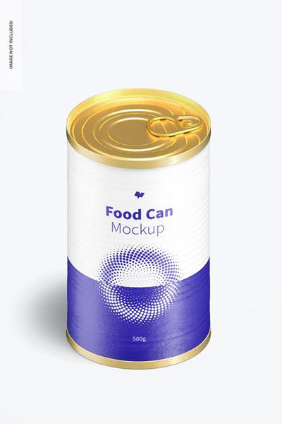 Free 580G Food Can Mockup, Isometric View Psd