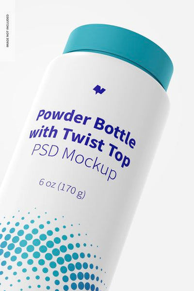 Free 6 Oz Powder Bottle With Twist Top Mockup, Close Up Psd