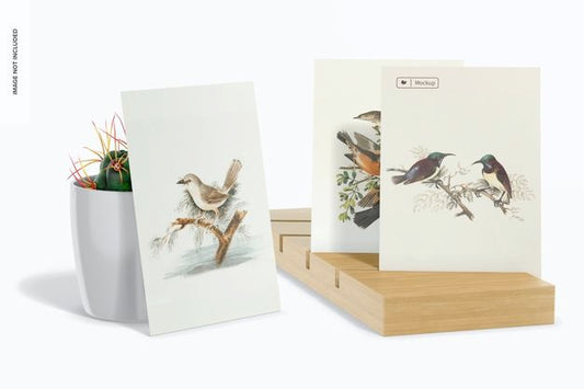Free A5 Postcard On Wood Stand Mockup, Leaned Psd