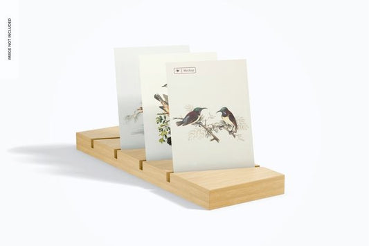Free A5 Postcard On Wood Stand Mockup, Perspective View Psd
