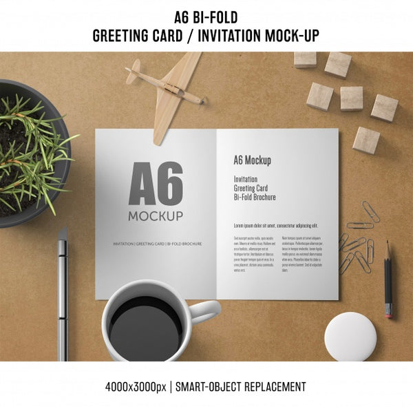 Free A6 Bi-Fold Greeting Card Template With Coffee Psd