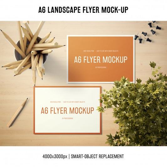 Free A6 Landscape Flyer Mock-Up With Wooden Pencils Psd
