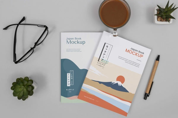 Free Above View Desk Arrangement With Books Mockup Psd