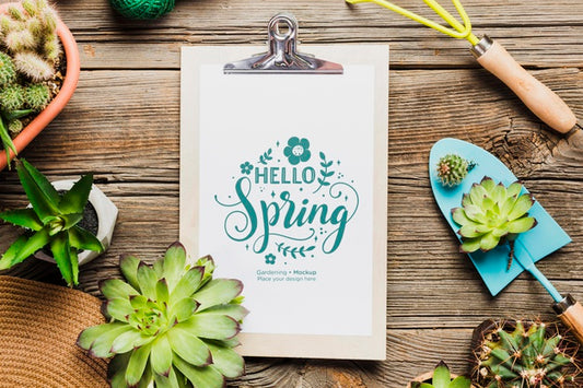 Free Above View Gardening Tools On Wooden Table Psd