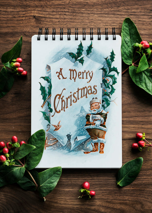 Free Aerial View Of Christmas Card On Wooden Table Psd
