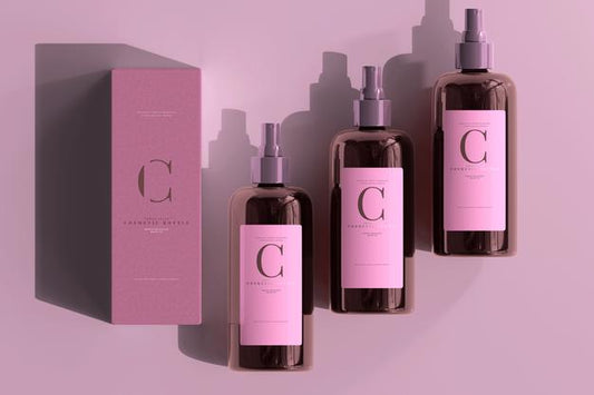 Free Amber Glass Cosmetic Spray Bottle And Box Mockup Psd
