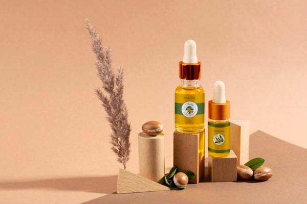 Free Argan Oil Cosmetic Bottle Mock-Up With Wooden-Shaped Podium And Kernels Psd