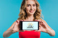 Free Attractive Woman Presenting Smartphone Mockup Psd