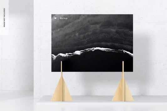 Free B0 Poster On Wood Stand Mockup, Right View Psd