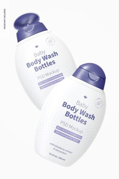 Free Baby Body Wash Bottles Mockup, Floating Psd