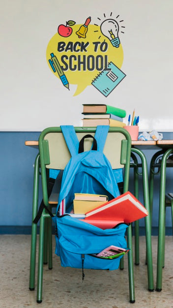 Free Back To School Bag With Supplies And Wall Mock-Up Psd