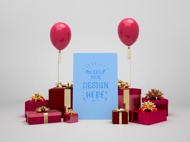 Free Birthday Card Mockup Among Presents And Balloons Psd