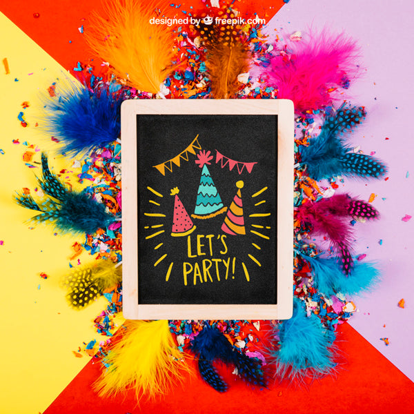 Free Birthday Mockup With Slate And Feathers Psd