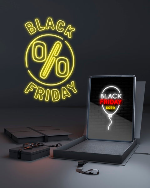 Free Black Friday Background With Tablet And Yellow Neon Lights Psd