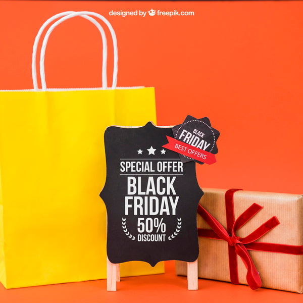 Free Black Friday Mockup With Bag And Present Psd