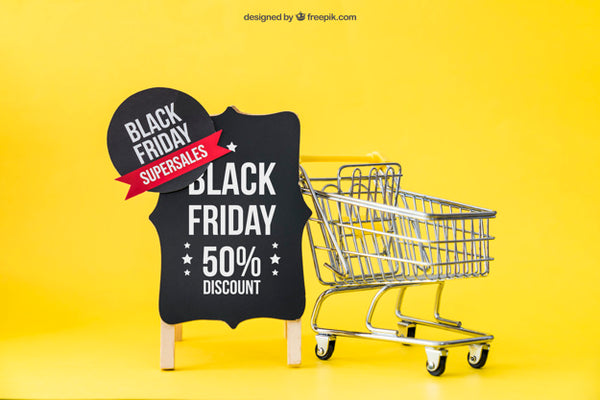 Free Black Friday Mockup With Label And Shopping Cart Psd