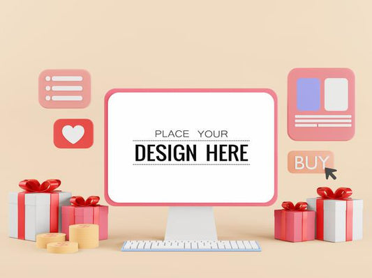 Free Blank Screen Computer Mockup With Gift Boxes Psd