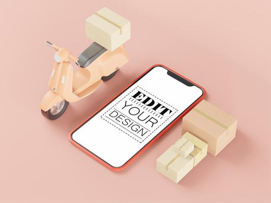 Free Blank Screen Smart Phone Mockup With Motorcycle And Boxes Psd