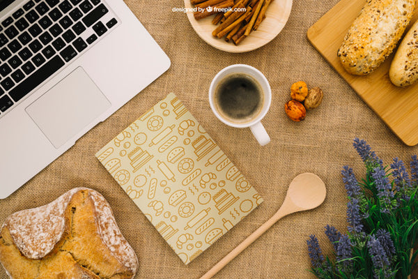 Free Book Cover Composition With Breakfast And Laptop Psd