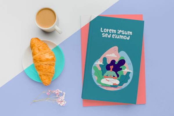 Free Book Cover Mock-Up Arrangement With Cup Of Coffee And Croissant Psd