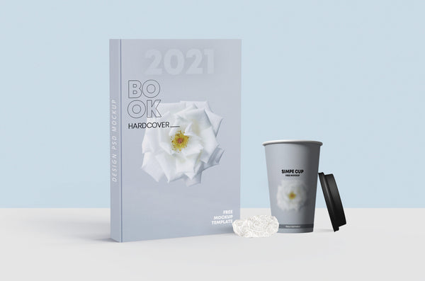 Free Book Cover With Cup Mockup