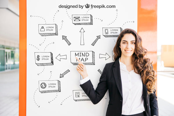 Free Business Mockup With Modern Woman Pointing At Board Psd