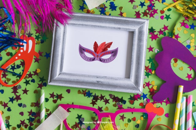 Free Carnival Mockup Design With Colored Confetti And Masks Psd