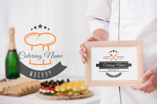 Free Champagne Next To Frame With Catering Name Placeholder Psd