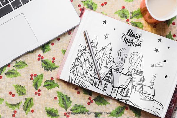 Free Christmas Mockup With Open Book Psd