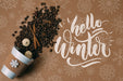 Free Coffee Beans In A Cup With Hello Winter Greeting Psd